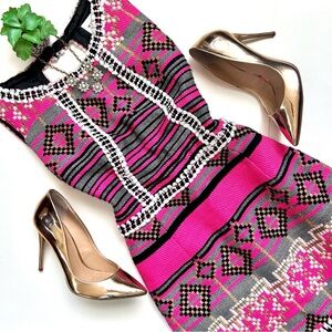 Milly Pink Diamond Striped Jacquard Mini Dress Pink Black Tweed Sleeveless Sz 6